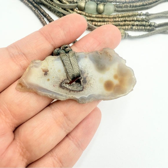 Boho Leather-Wrapped Natural Agate Geode Slice Pendant Necklace or Belt - Picture 4 of 12